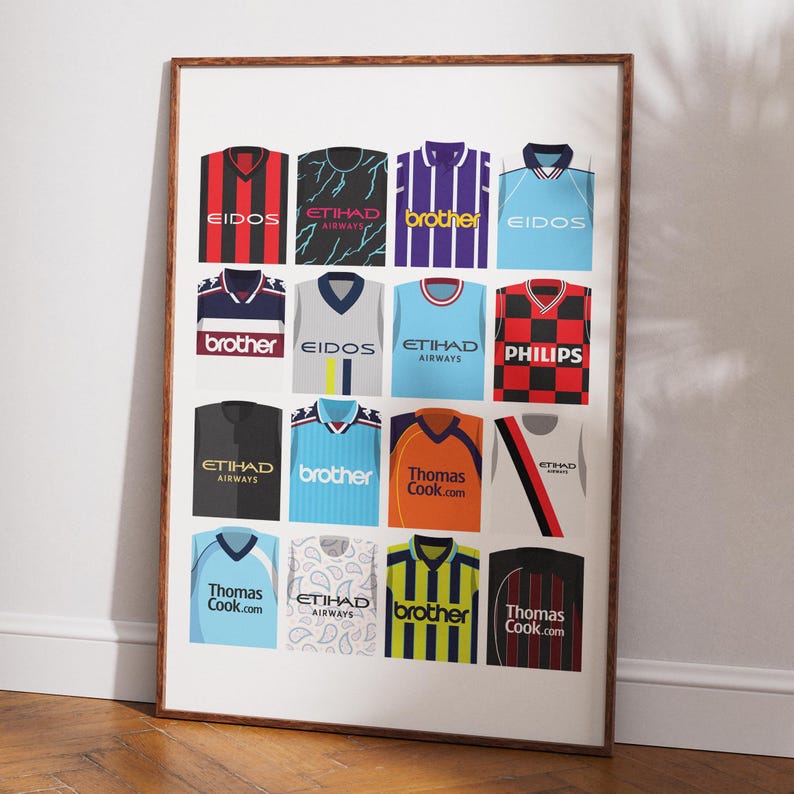 May include: A collage of 16 different football jerseys, featuring various sponsors like Etihad Airways, Brother, Eidos, Philips, and Thomas Cook. The jerseys are arranged in a grid pattern on a white background.