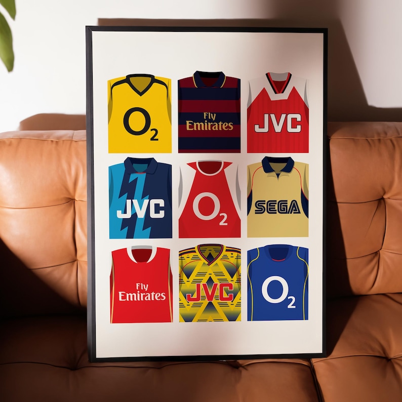 May include: A collage of nine different Arsenal football jerseys, featuring various sponsors like O2, Fly Emirates, JVC, and Sega. The jerseys are arranged in a grid pattern, showcasing a variety of colors and designs.