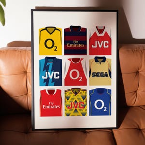 May include: A collage of nine different Arsenal football jerseys, featuring various sponsors like O2, Fly Emirates, JVC, and Sega. The jerseys are arranged in a grid pattern, showcasing a variety of colors and designs.