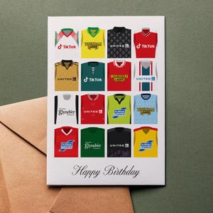 Camisas retrô de cartão de aniversário do Wrexham AFC | Cartão de felicitações Feliz aniversário Clube de futebol Kit clássico 5x7