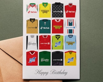 Wrexham-verjaardagskaart: retro voetbalshirts (5 x 7)
