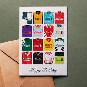 Retro shirts Liverpool FC verjaardagskaart | Wenskaart Happy Birthday Voetbalclub Klassiek Kit 5 x 7