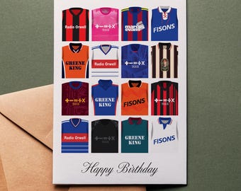 Ipswich Town-verjaardagskaart: retro voetbalshirts, klassiek tenue