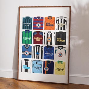 May include: A collage of 16 different football jerseys, featuring various sponsors and logos, including "Northern Rock", "McEwans Lager", and "Fun88".
