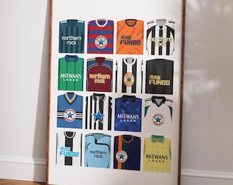 May include: A collage of 16 different football jerseys, featuring various sponsors and logos, including "Northern Rock", "McEwans Lager", and "Fun88".