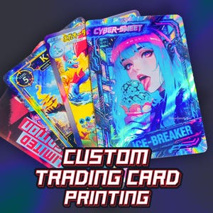 May include: A collection of holographic trading cards featuring vibrant anime-style illustrations. One card displays a character with blue hair eating ice cream labelled CYBER-SWEET and ICE-BREAKER, while others show fantasy creatures and level indicators.