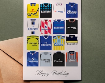 Chelsea-verjaardagskaart: retro voetbalshirts (5 x 7)