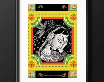 May include: A black and white illustration of a woman with her head turned to the side, her hand covering her face. The illustration is framed with a colorful border of flowers and leaves.