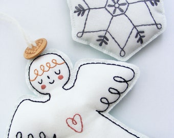PDF sewing pattern - Embroidered angel and snowflake - Christmas ornaments, embroidered, digital item, easy embroidery pattern