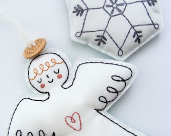 PDF sewing pattern - Embroidered angel and snowflake - Christmas ornaments, embroidered, digital item, easy embroidery pattern