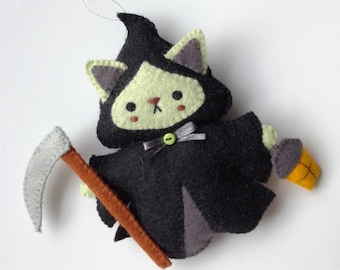 Felt PDF sewing pattern - Grim Reapurr - Halloween ornament, grim reaper, cute halloween cat ornament