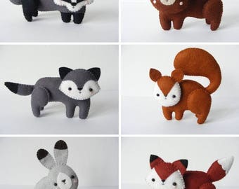 Felt PDF pattern - Woodland creatures - fox, squirrel, wolf, bear, badger and hare. Easy sewing pattern, felt softies, baby mobile ornaments