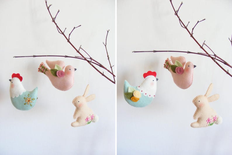 Felt PDF sewing pattern Easter ornaments Bunny, hen and dove felt ornament, DIY wall hanging decoration, spring embroidery, digital item image 3