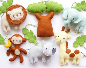 Felt PDF sewing pattern - Safari animals. Baby crib mobile ornaments. Giraffe, lion, rhino, monkey, elephant, baobab tree, jungle leaves