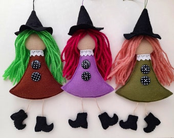 PDF felt sewing pattern - Felt witches - felt ornament, Halloween decor, DIY decor, downloadable pattern, sew it yourself