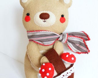 Felt PDF sewing pattern - Teddy bear with basket of toadstools - Felt bear softie, easy sewing pattern, tooth fairy pocket toy, digital item