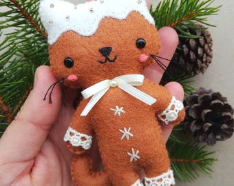 Felt PDF sewing pattern - Gingerbread cat - pdf pattern, Christmas decoration, festive decor, felt softie, DIY Christmas tree ornament