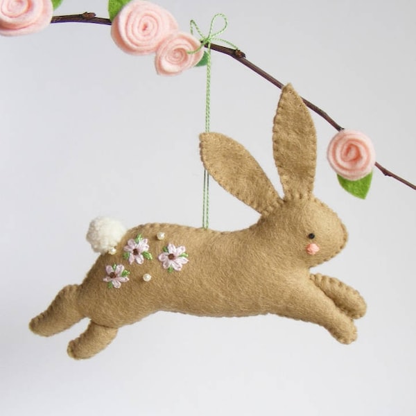 Felt PDF sewing pattern - Hopping bunny - Easter ornament, easy sewing pattern, DIY hanging decoration, spring rabbit, floral embroidery