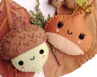 Felt PDF sewing pattern - Acorn and Chestnut. Cute felt brooches, fall / autumn accessory, DIY sewing project