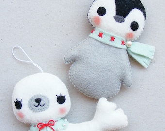 Felt PDF sewing pattern - Baby seal and penguin ornaments - Christmas felt softies, Christmas tree ornaments, digital item