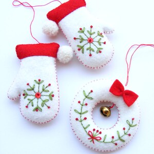 Filz Weihnachtsschmuck Schnittmuster: Gestickte Handschuhe & Kranz (PDF Pattern)