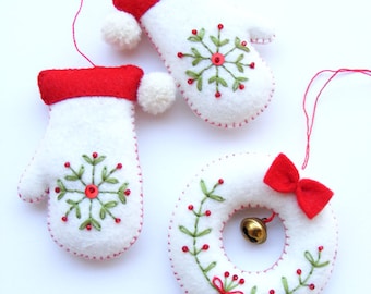 Felt Christmas Ornament Sewing Pattern: Embroidered Mittens & Wreath (PDF Pattern)