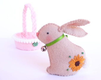 Felt PDF pattern - Easter bunny in a basket - sewing pattern, DIY Easter decoration, felt softie with embroidered details, digital item