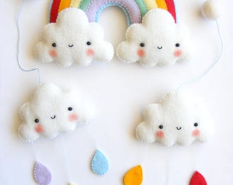 Felt PDF pattern -  Rainbow and clouds baby crib mobile - Felt mobile ornaments, easy sewing pattern, digital item