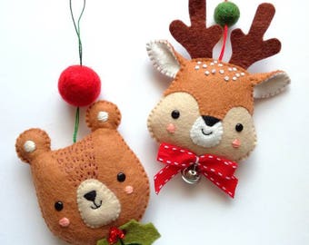 Felt PDF sewing pattern - Bear and Deer ornaments - Christmas decoration, easy sewing pattern, DIY, festive holiday decor, Christmas tree