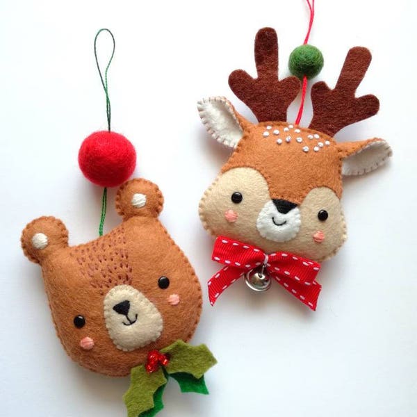 Felt PDF sewing pattern - Bear and Deer ornaments - Christmas decoration, easy sewing pattern, DIY, festive holiday decor, Christmas tree
