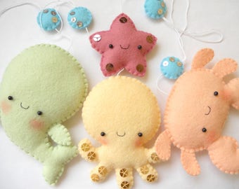 Felt PDF pattern - Four cute sea creatures - octopus, whale, starfish and crab - felt ornaments, baby crib mobile