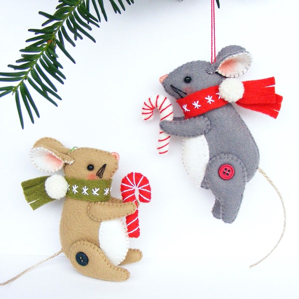 Felt PDF sewing pattern - Christmas Mouse - Christmas ornament, felt mice, hand sewing DIY project, digital  item