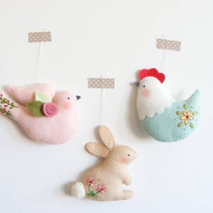 Felt PDF sewing pattern Easter ornaments Bunny, hen and dove felt ornament, DIY wall hanging decoration, spring embroidery, digital item image 1