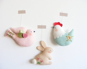 Patrón de costura en PDF de fieltro - Adornos de Pascua - Adorno de fieltro de conejito, gallina y paloma, decoración de pared DIY, bordado de primavera, artículo digital