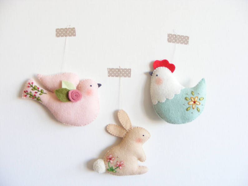 Felt PDF sewing pattern Easter ornaments Bunny, hen and dove felt ornament, DIY wall hanging decoration, spring embroidery, digital item image 1