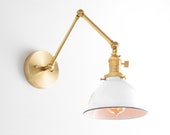 Adjustable Wall Lamp - White Shade - Wall Sconce - Mid Century Lighting - Farmhouse Lighting - Task Light - Articulating Sconce