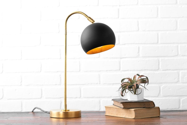 Black And Brass Dome Lamp Table Bedside Desk Reading Mid Century Decor Task