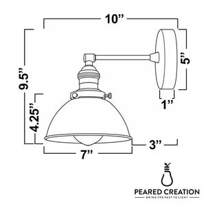 May include: A black and white line drawing of a wall sconce with dimensions in inches. The total width is 10 inches, height is 9.5 inches, shade diameter is 7 inches, shade height is 4.25 inches, and wall plate is 5 inches by 1 inch. Includes the Peared Creation logo.