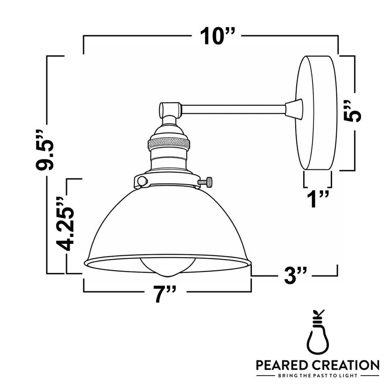 May include: A black and white line drawing of a wall sconce with dimensions in inches. The total width is 10 inches, height is 9.5 inches, shade diameter is 7 inches, shade height is 4.25 inches, and wall plate is 5 inches by 1 inch. Includes the Peared Creation logo.