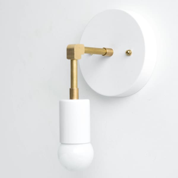 Minimalist Sconce - White Wall Light -  Raw Brass Sconces - Industrial Chic Light - Modern Light Fixture - Model No. 8578