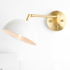 Brass Plug In Or Hardwire Wall Light - Bedside Sconce - Mid Century Lighting - White Shade - Swing Arm Sconce - Model No. 7541