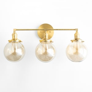 Vanity Lights Brass - Vanity Lighting 3 Bulb - Bathroom Lamps - Modern Wall Light -  Smoked Glass Globe - Model No. 0923