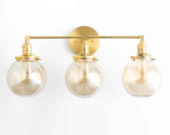 Vanity Lights Brass - Vanity Lighting 3 Bulb - Bathroom Lamps - Modern Wall Light -  Smoked Glass Globe - Model No. 0923