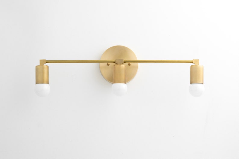 Vanity Light Fixture Multi 3 Bulb Mid Century Mirror Makeup Raw Brass Bathroom Wide