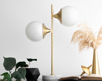 Lampe Double Globe - Lumière de chambre à coucher - Milieu du siècle - Lampe décorative - Base en marbre - Modèle n° 0892