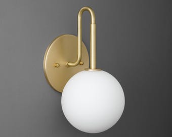 Sconce Light-Modern Wall Sconce-Brass Globe Light-Opal Glass Sconce - Model No. 9106