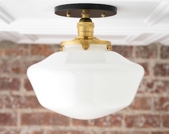 Schoolhouse Fixture - Opal Ceiling Light - Light Fixtures - Mounted Lamp - Mid Century Opal Glass - Model No. 5754