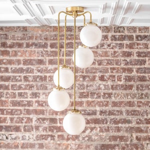 Modern Hanging Light - Globe Chandelier - Mid Century Fixture - Brass Light - Opal Glass - Large Chandeliers - Model No. 1809