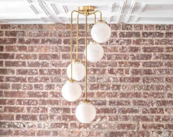 Modern Hanging Light - Globe Chandelier - Mid Century Fixture - Brass Light - Opal Glass - Large Chandeliers - Model No. 1809