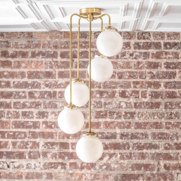 Modern Hanging Light - Globe Chandelier - Mid Century Fixture - Brass Light - Opal Glass - Large Chandeliers - Model No. 1809